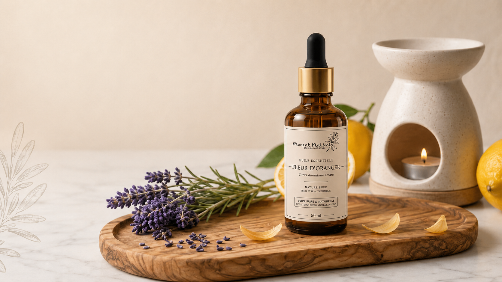 Flacon d'huile essentielle de lavande 100% bio Moment Naturel posé sur planche en bois d'olivier, entouré de lavande et de citrons frais, avec brûleur à huile en céramique