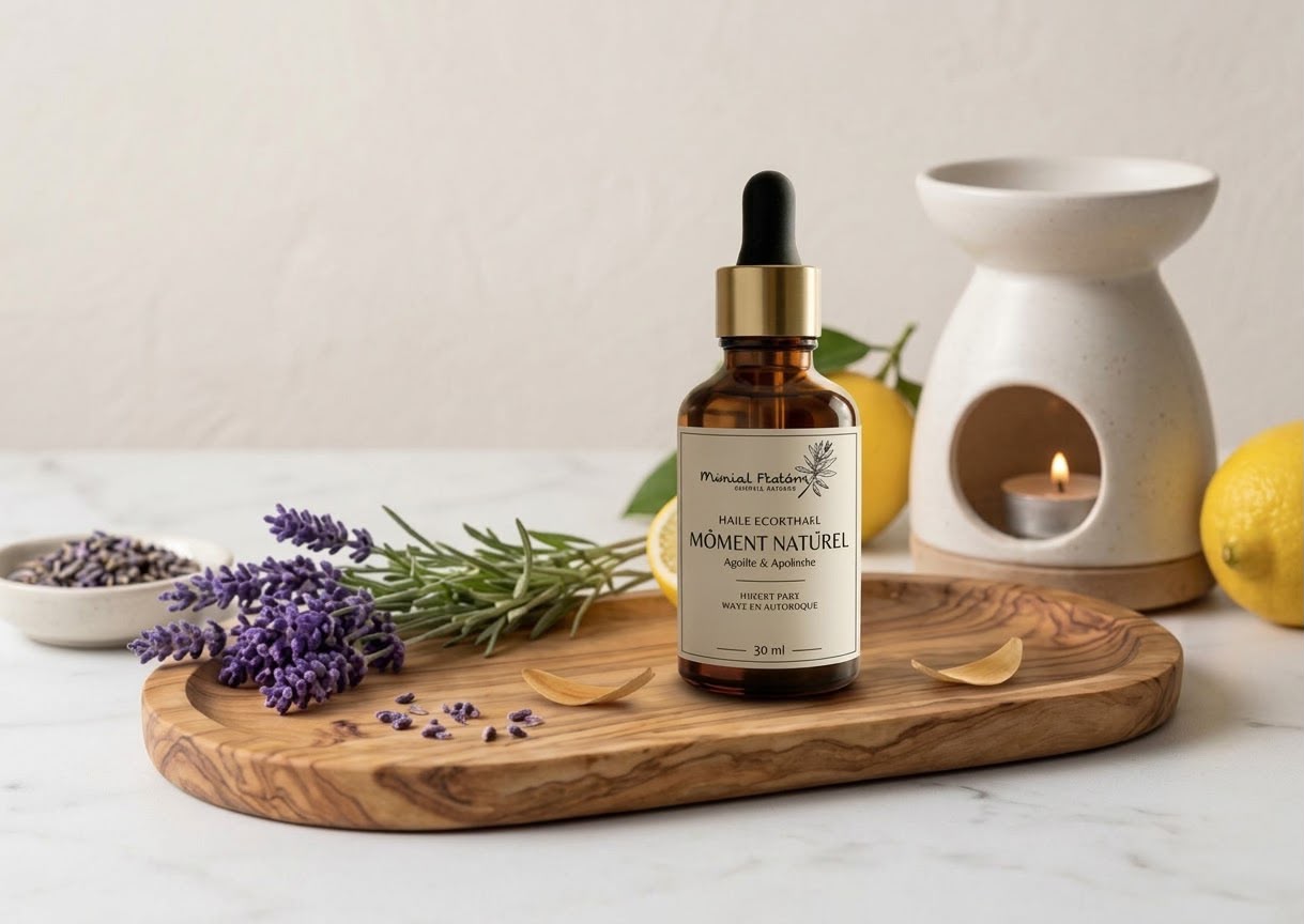 Flacon d'huile essentielle de lavande 100% bio Moment Naturel posé sur planche en bois d'olivier, entouré de lavande et de citrons frais, avec brûleur à huile en céramique